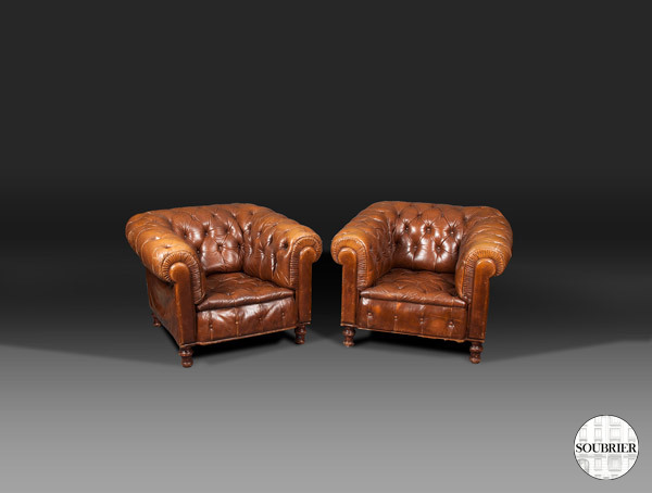 Fauteuils Chesterfield en cuir roux