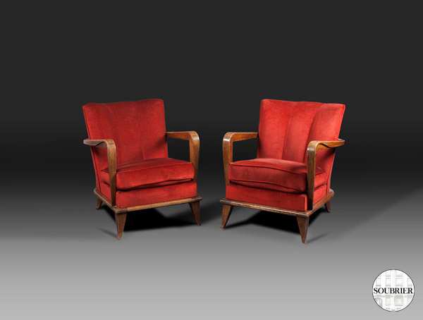 Pair of red velvet gondola armchairs