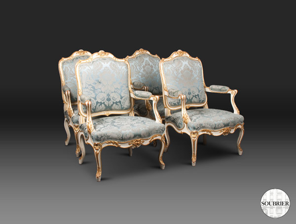 4 Blue Louis XV armchairs