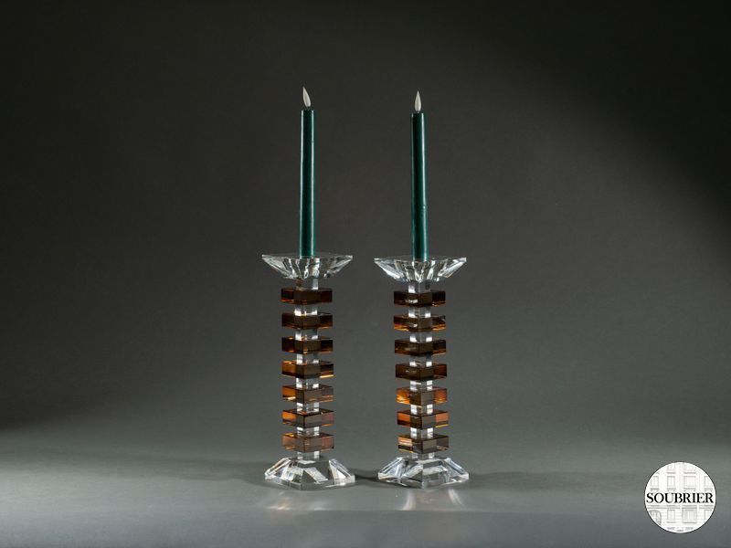 2 bougeoirs blocs de verre ambre