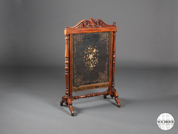 Mahogany fire screen and embroidery