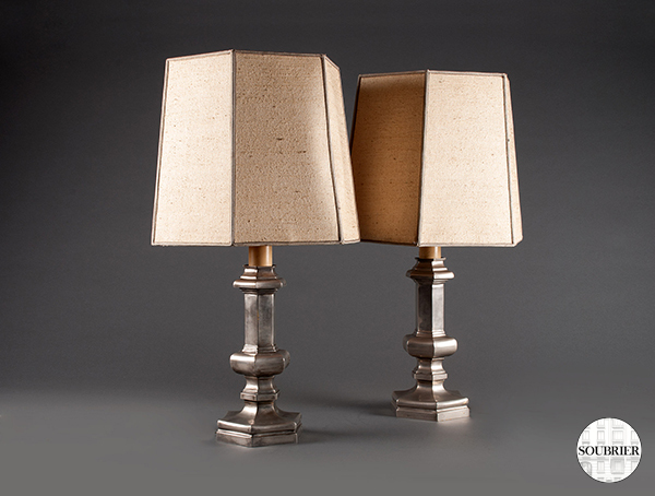 Pair of silvered-metal lamps, 1970