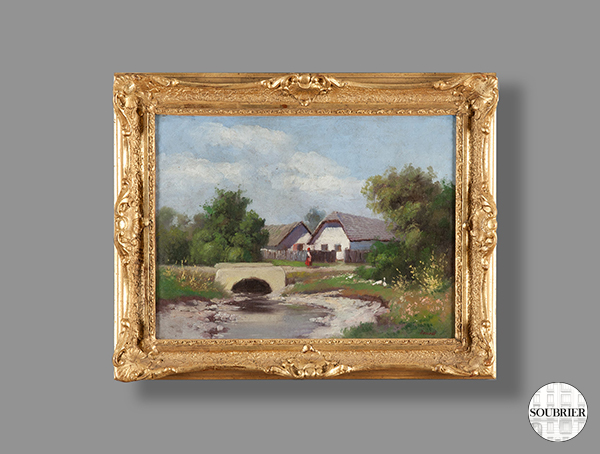 Painting of a bridge over a river